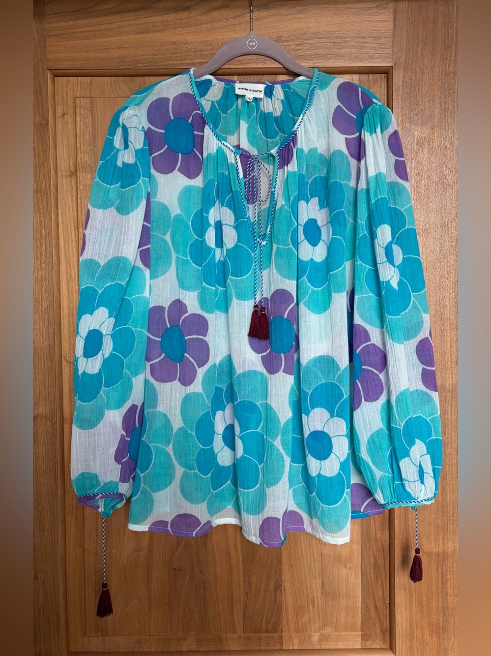 NWT ANTK BATIK Suny 60s Inspired Floral Print Gauze Blouse L Purple/Aqua/White